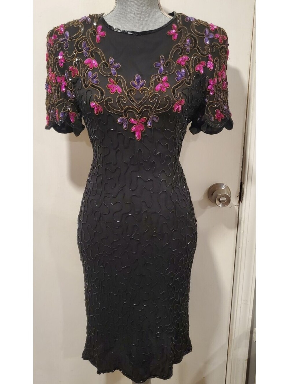 AP Ltd Vintage Black Purple Pink Beaded Sequin Dress 80s